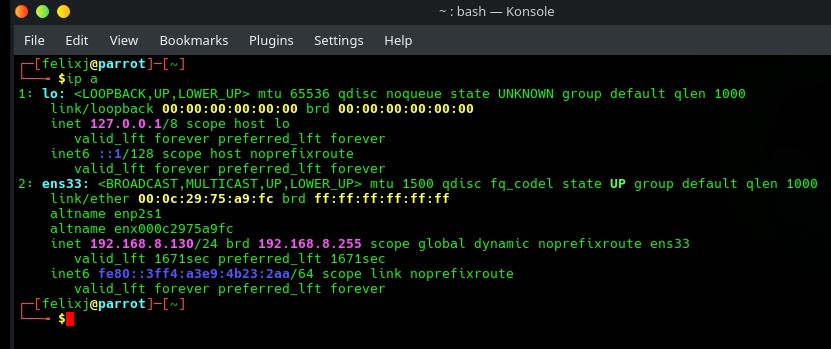 Parrot OS attack box IP address 192.168.8.130